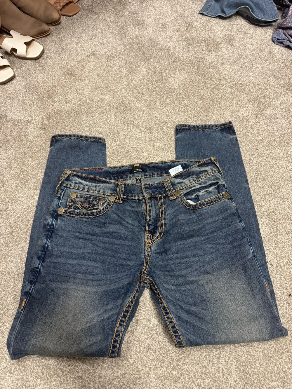 True Religion Men’s Blue Skinny Jeans with Signature Stitching